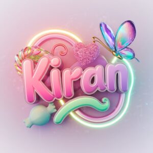 Playful 3D logo of 'Kiran' in pastel shades, featuring neon accents and a colorful glass butterfly." 