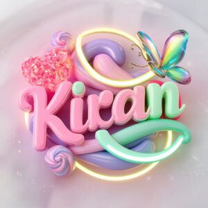 "Whimsical 'Kiran' design with candy-inspired colors, glowing neon swirls, and a rainbow butterfly."