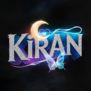 Shimmering 3D 'Kiran' logo in silver-blue gradients, adorned with neon moons and a sapphire heart."