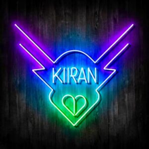 Dynamic design for 'Kiran' with neon lightning effects and a multi-colored glass butterfly centerpiece."