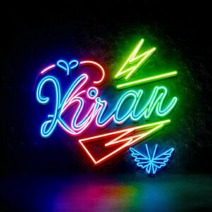 Vibrant neon 'Kiran' 3D logo with glowing electric pink, blue, and lime green hues and a pulsating heart."