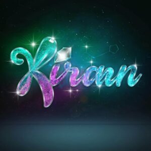 Cosmic-inspired design for 'Kiran' featuring a radiant crystal heart and starry trails against a gray backdrop." 