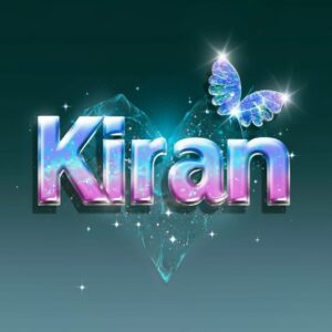 Mesmerizing 'Kiran' logo with shimmering galactic colors and glowing elements in a cosmic theme."