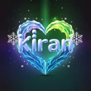 Mesmerizing 'Kiran' logo blending aurora gradients, glowing hearts, and frosty white elements."