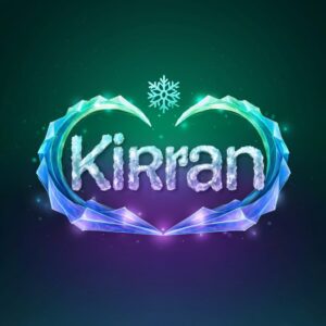 Aurora-inspired 3D 'Kiran' logo with icy blue, green, and lavender hues and glowing waves