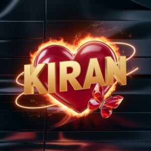 A stunning 'Kiran' logo with glowing red-orange letters, swirling neon fire, and a glass butterfly