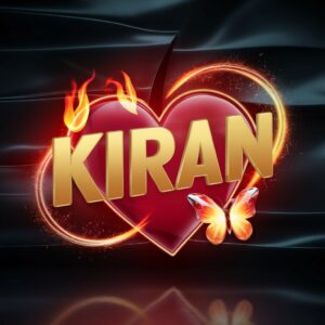 3D logo of 'Kiran' with a fiery gold-to-orange gradient, glowing flames, and a radiant ruby heart." 