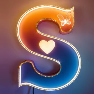 Elegant 3D 'S' in a bright gradient with twinkling golden details, neon highlights, and a glowing heart