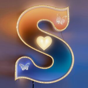 "3D 'S' logo with a sunset gradient and glowing heart, enhanced by golden twitty accents and a glass butterfly." 