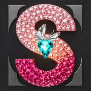 A shimmering "S" logo made of pink diamonds, featuring a glowing turquoise heart and a clear glass butterfly, set against a matte black backdrop. 