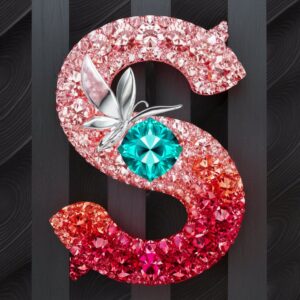 A 3D "S" logo with a gradient of soft pinks to vibrant fuchsia, centered around a glowing turquoise heart and silver butterfly