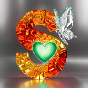 A radiant 3D "S" logo with a fiery gradient from topaz oranges to yellows, and a glowing emerald heart at the center.