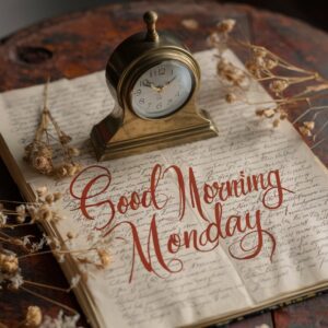 Warm vintage vibes with dried flowers, an old clock, and elegant handwritten 'Good Morning Monday' text."