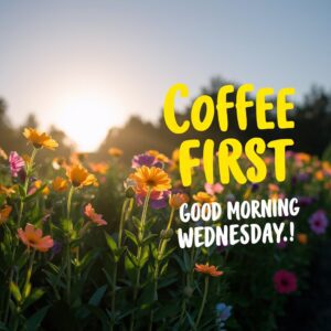 Colorful tulips under a golden morning sun, with playful text "Coffee First" beside "Good Morning Wednesday."