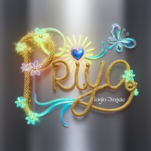 3D 'Priya' logo with golden floral accents, neon hues, and a radiant gradient from yellow to blue