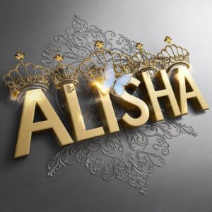 Golden 3D 'Alisha' logo with tiara tops and a hovering butterfly, set against a brushed silver backdrop