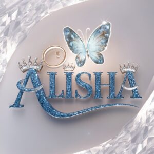 3D sapphire-blue 'Alisha' letters with radiant crowns, paired with a glowing silver butterfly on frosted white