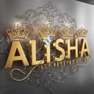 Bold gold 'Alisha' letters with crown tiaras and a glass butterfly glowing on a royal silver background