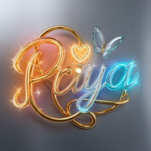 3D golden and neon 'Priya' logo with a glowing heart and glass butterfly, set on a silver background