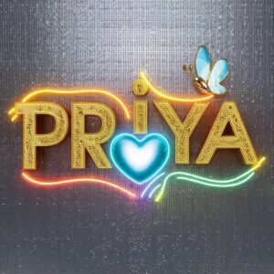 Stunning 'Priya' logo in 3D featuring twitty gold, colorful neon, and serene gradients on metallic silver