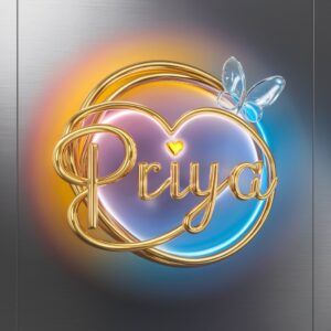 Elegant 3D 'Priya' logo featuring gold elements, neon lights, and serene gradient hues on a silver backdrop