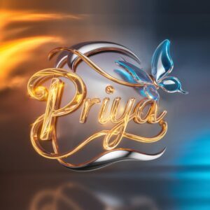 Radiant 3D 'Priya' logo with golden twitty embellishments, neon streaks, and a silver background."