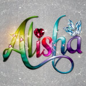 Alisha name DP with emerald and sapphire gradient letters, glowing gemstones, and ruby accents."