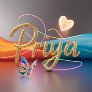 Golden and neon 'Priya' logo with radiant sunset-to-ocean gradient on a polished silver canvas