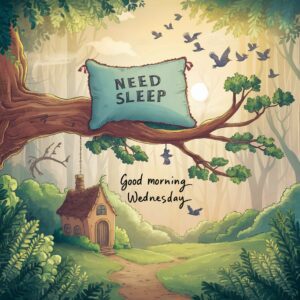 A quirky forest with a pillow hanging on a tree branch, featuring "Need Sleep" near "Good Morning Wednesday