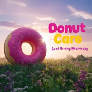 Funny donut-themed Good Morning Wednesday background with a candy-colored meadow and frosted donut sun."