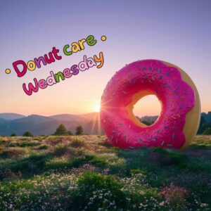 Pink frosted donut as the rising sun over a vibrant field, paired with the quote 'Donut Care