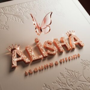 Floral-patterned rose-gold letters spell 'Alisha,' with a pink-hued butterfly and an ivory background." 