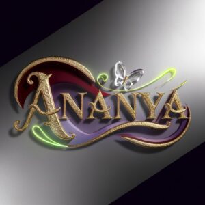 A radiant name DP with ‘Ananya’ in shimmering gold and vibrant violet gradient