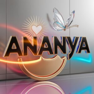 Golden Ananya logo glowing with neon highlights and a delicate glass butterfly