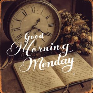 "A vintage journal on a table, surrounded by nostalgic decor, featuring 'Good Morning Monday' in sepia tones."