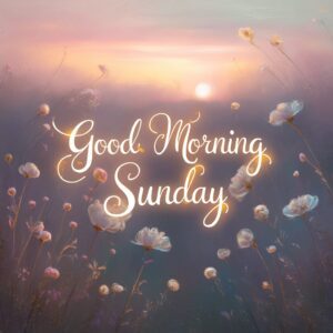 Soft morning hues with flowers and the text 'Good Morning Sunday' shining in golden calligraphy."