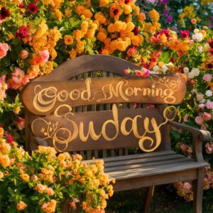 Blooming flowers in a tranquil garden featuring 'Good Morning Sunday' in vintage font."