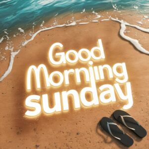 Minimalist beach scene with glowing 'Good Morning Sunday' text and soft waves