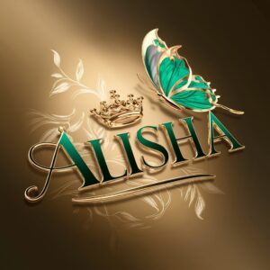 Metallic emerald 'Alisha' text adorned with golden crowns and a hovering emerald-gold butterfly."