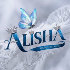 Bright sapphire-blue letters spell 'Alisha,' crowned with diamonds and a soft glowing butterfly above