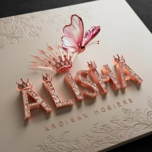 Elegant rose-gold 'Alisha' text crowned with flowers, highlighted by a delicate pink butterfly on ivory."