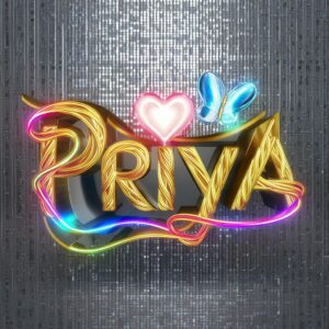 Majestic 'Priya' logo with golden accents, glowing heart, and whimsical butterfly on silver background