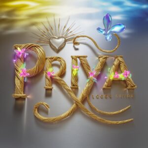 Mystical 'Priya' logo blending glowing gold, neon lights, and serene gradients on a silver backdrop."