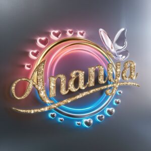 Ananya’s name DP shines with radiant golden letters, neon gradient lights, and a glass butterfly."