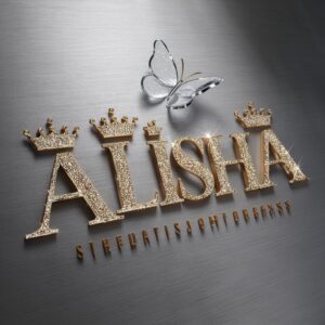 Alisha name DP with golden letters and intricate crown-like details for a royal aesthetic."