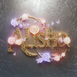 Elegant floral Alisha name DP with glowing accents and a vibrant, textured silver backdrop."