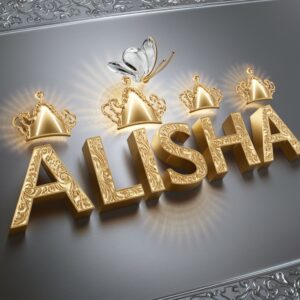 Intricate gold 'Alisha' design with crowns and a luminous glass butterfly on a textured silver surface