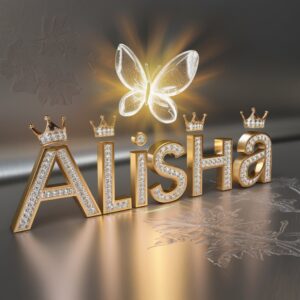 Luxury 3D logo 'Alisha' in gold with crown details and a butterfly, set against a textured silver backdrop."