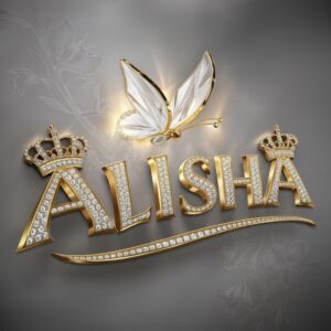 Elegant gold 'Alisha' letters with diamond crowns and a glowing butterfly on a brushed silver surface."