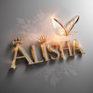 3D golden logo 'Alisha,' diamond-studded crowns, and a glass butterfly hovering on a silver floral texture